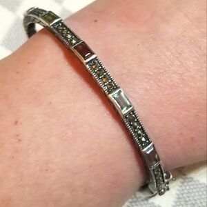 VTG designer signed Deco Style Multi Gems Marcasite Sterling Bracelet